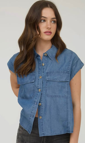 Lina Chambray Collared Pocket Flap Button Down Shirt