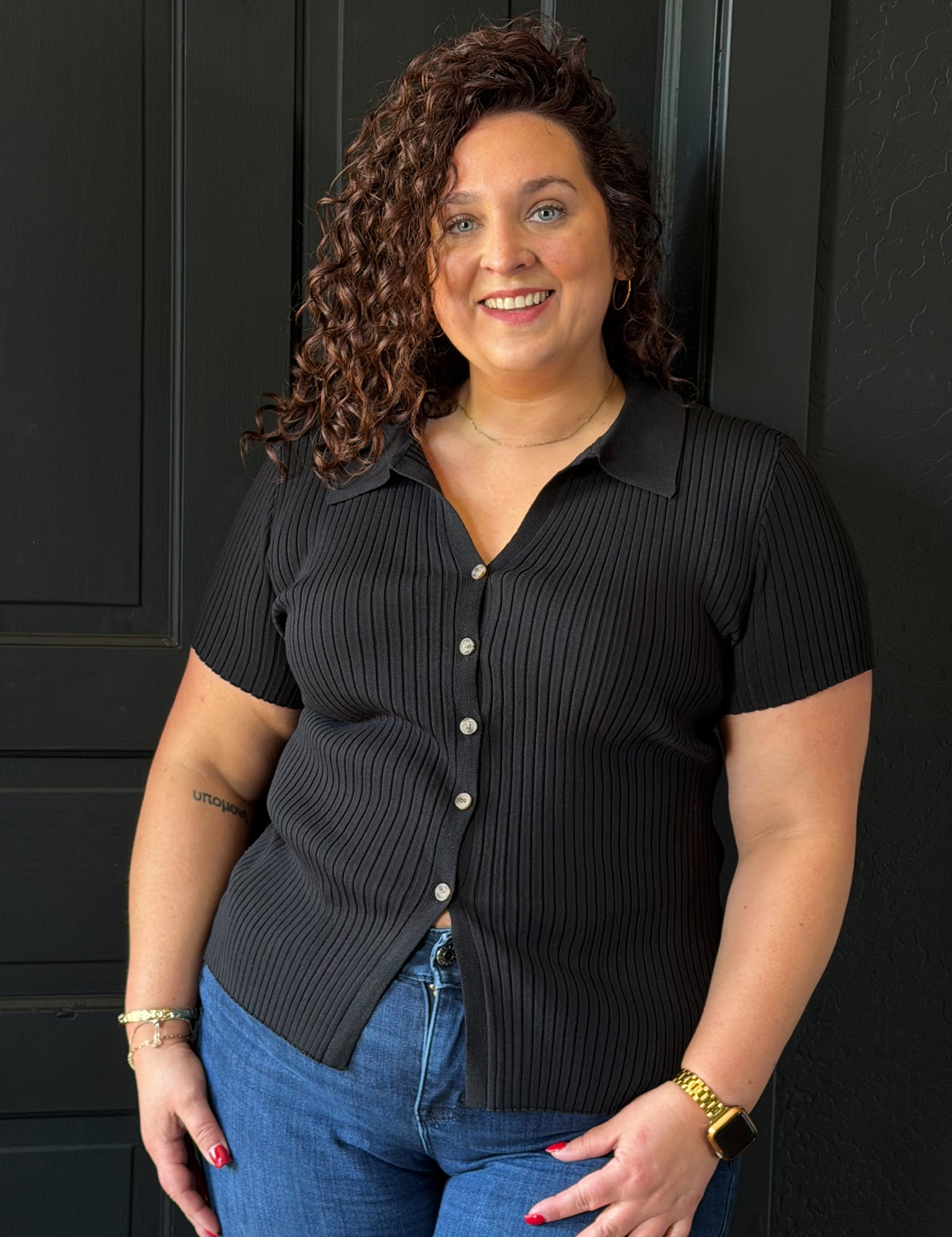 Indy Plus Collared Short Sleeve Ribbed Sweater Knit Top
