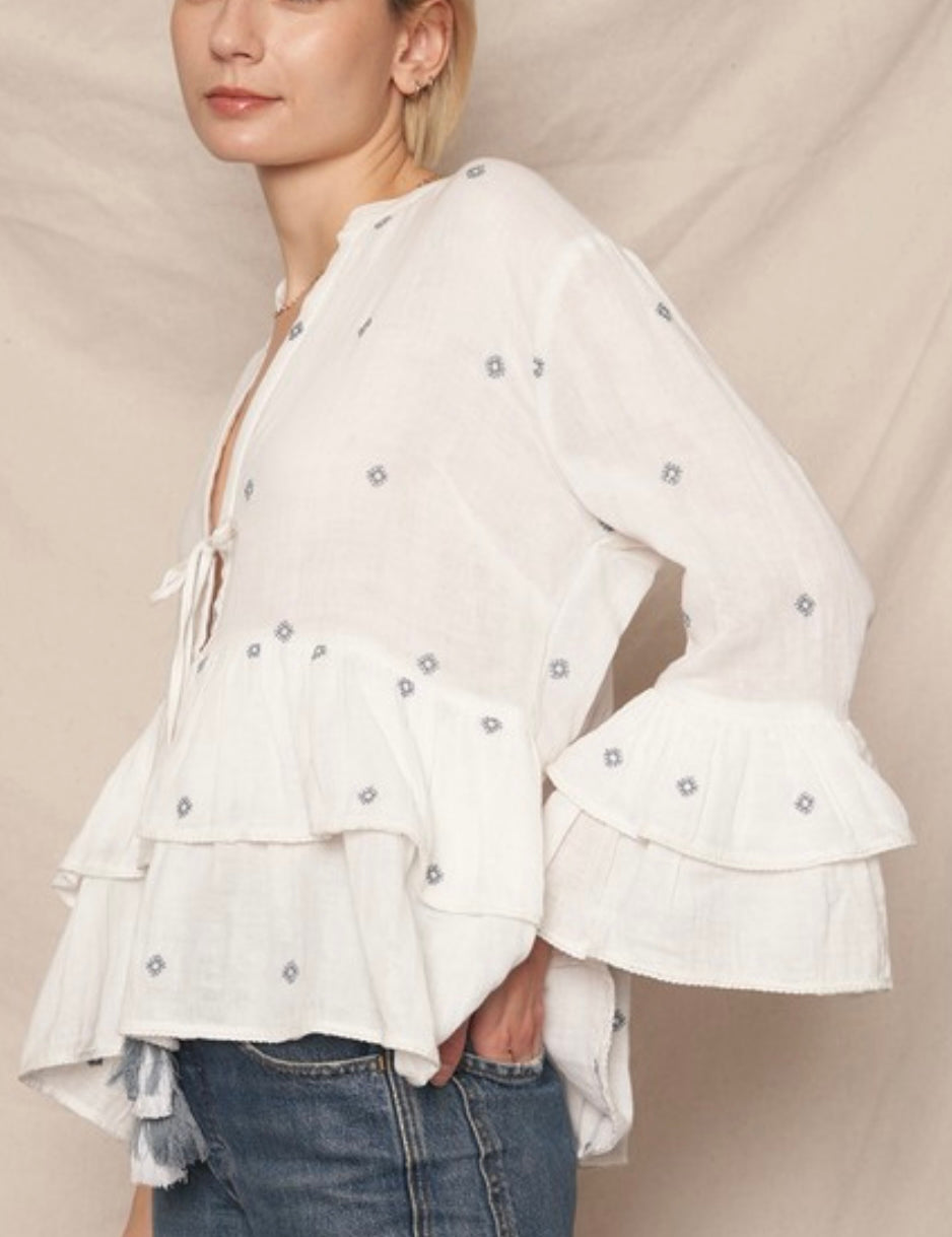 Gillbeta Embroidered Polka Dot Ruffle Peplum Top