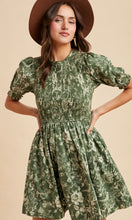 Lisha Olive Smocked Cotton Floral Mini Dress