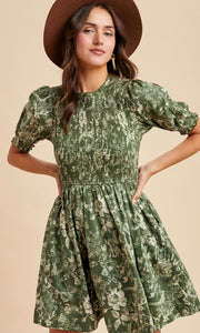 Lisha Olive Smocked Cotton Floral Mini Dress