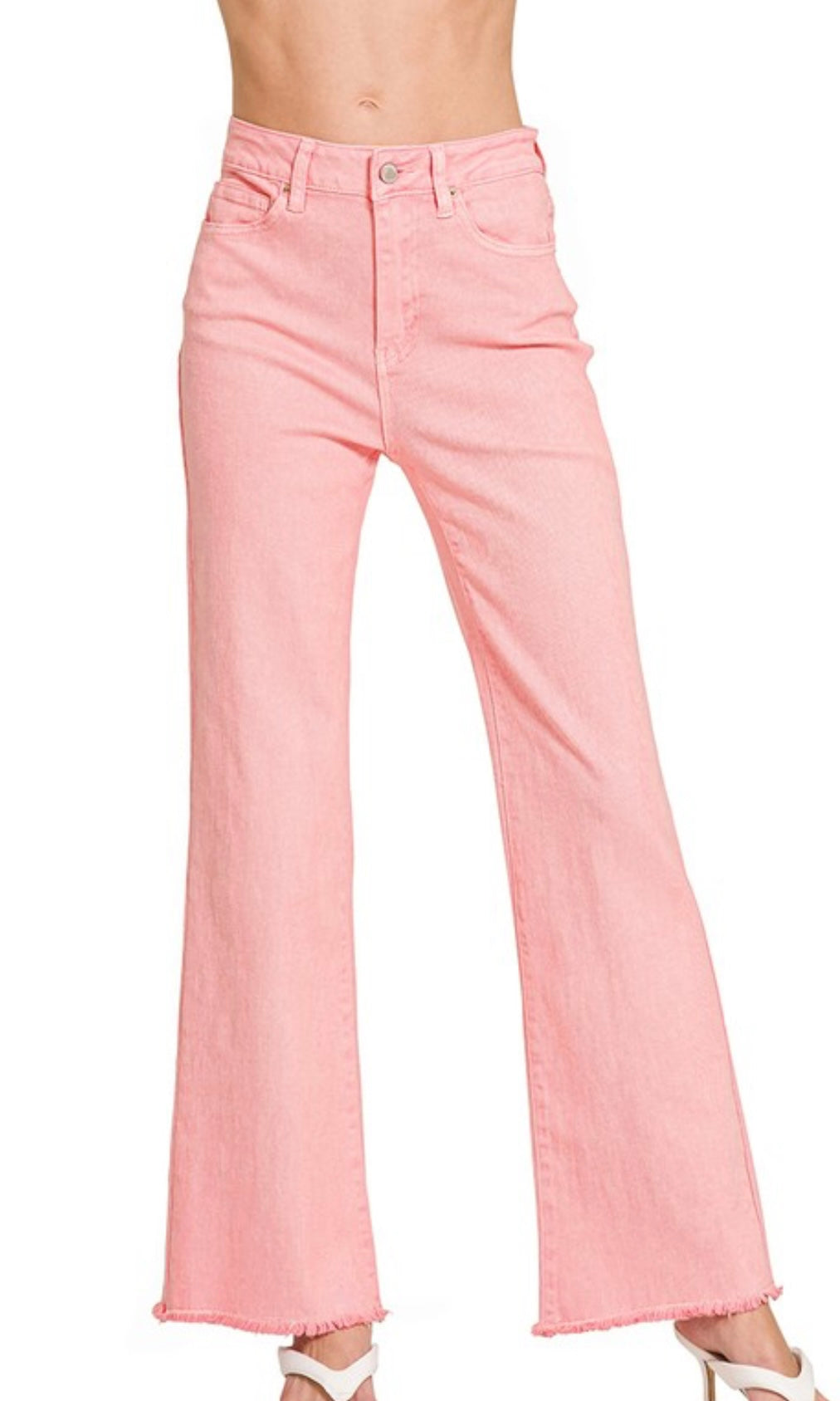 Acarie Pink Wide Leg Stretch Cotton Frayed Hem Pants