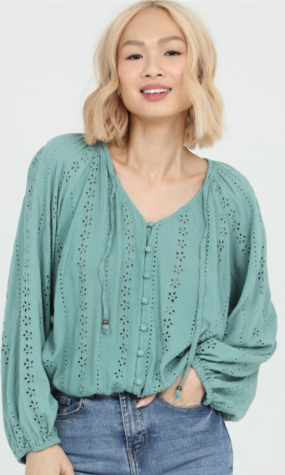 Cody Sage Eyelet Embroidered Button Front Blouse