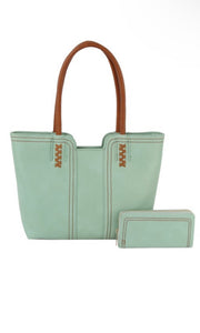 Ember Mint Stitch Detail Matching Tote and Purse Set