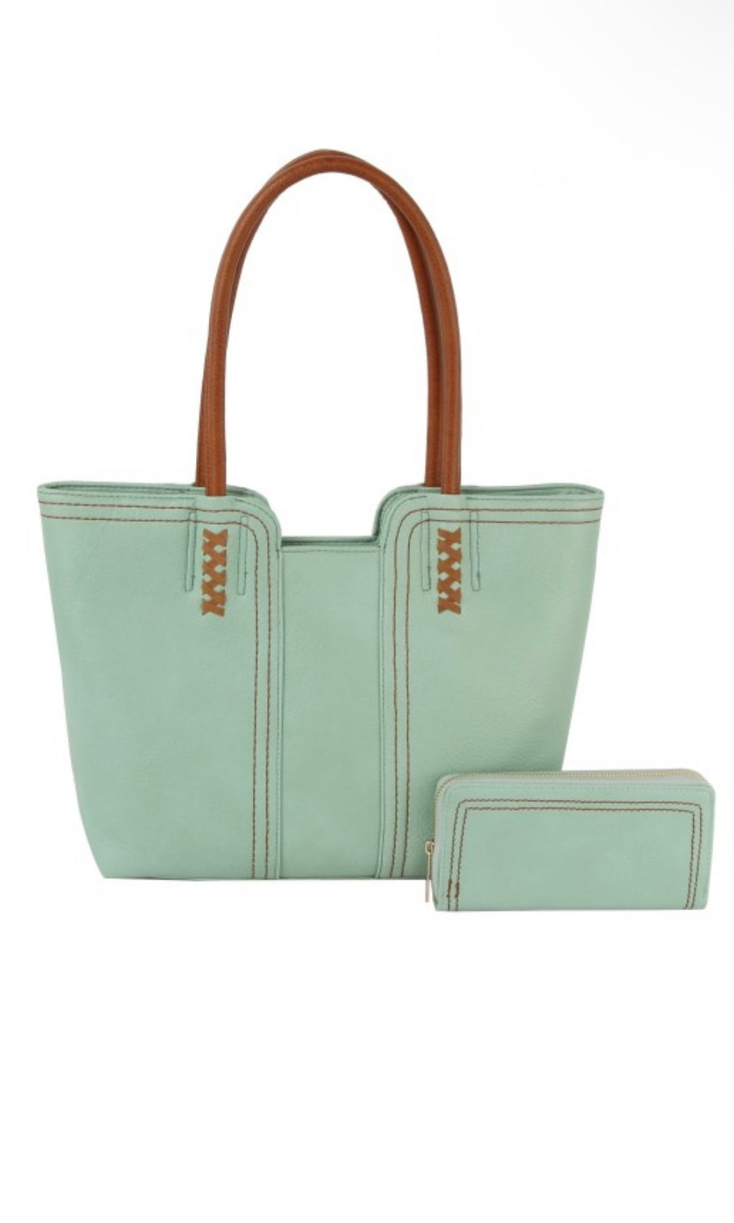 Ember Mint Stitch Detail Matching Tote and Purse Set