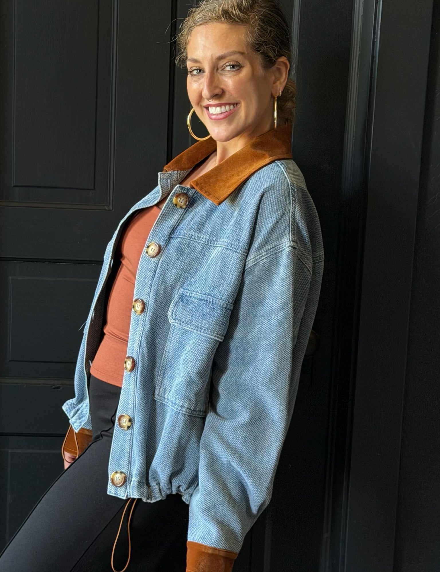 Bodie Velvet Collared Basket Weave Denim Jacket