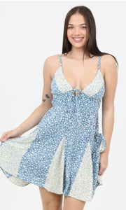 Carlana Blue Sage Spaghetti Strap V Neck Patchwork Sundress