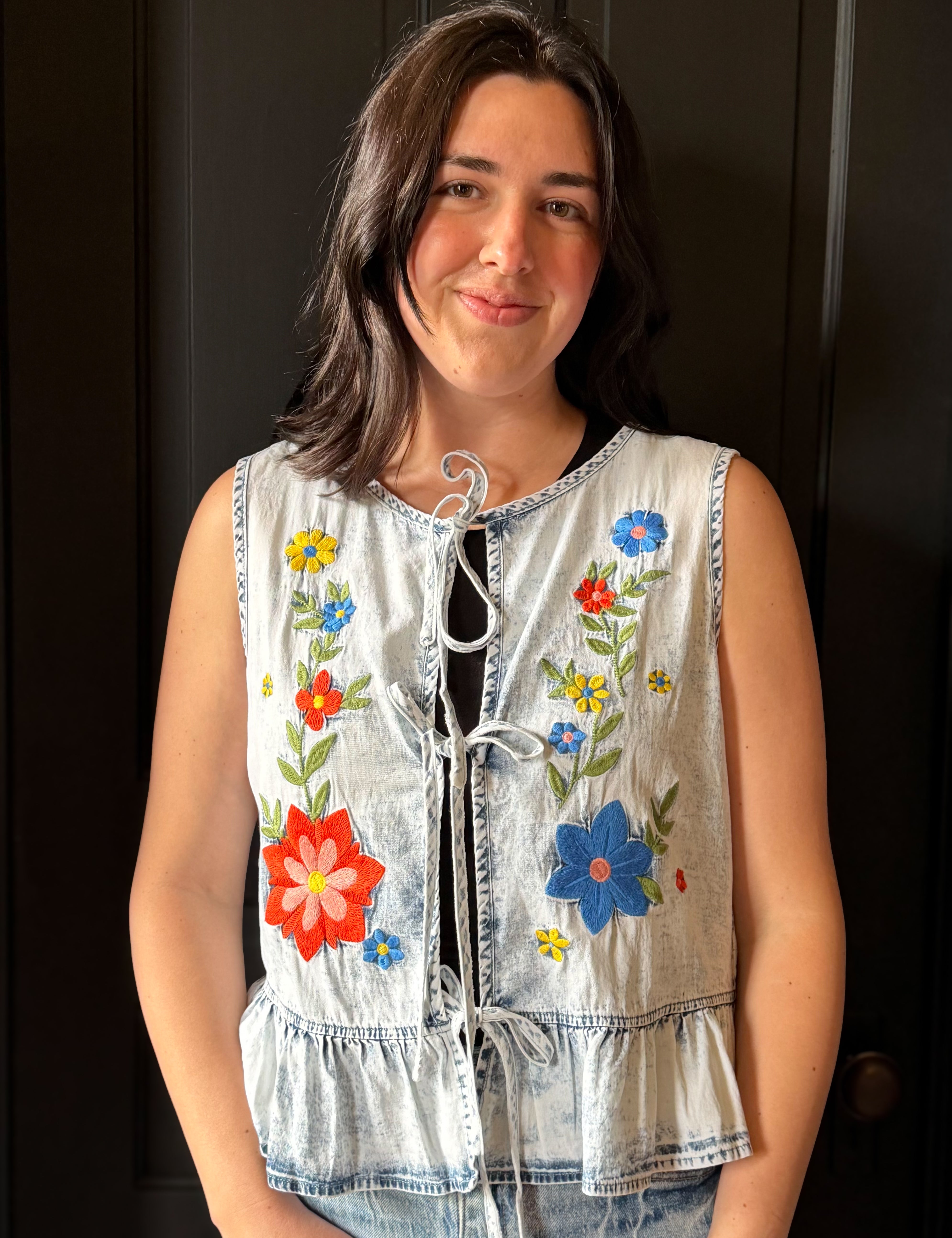 Kayson Flower Embroidery Front Tie Ruffled Vest