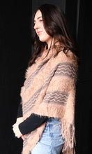 Quint Fuzzy Wavy Stripes Fringe Hem Hooded Poncho Sweater