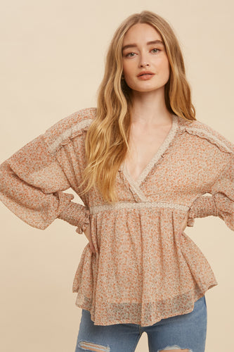 Osiris Natural Lace Inserts Floral Chiffon V Neck Blouse
