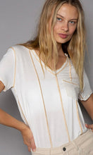 Danica White V Neck Short Sleeve Front Pocket Woven Mixed Top