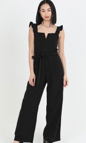 Cyndra Black Notch Neck Ruffle Strap Jumpsuit With Pockets