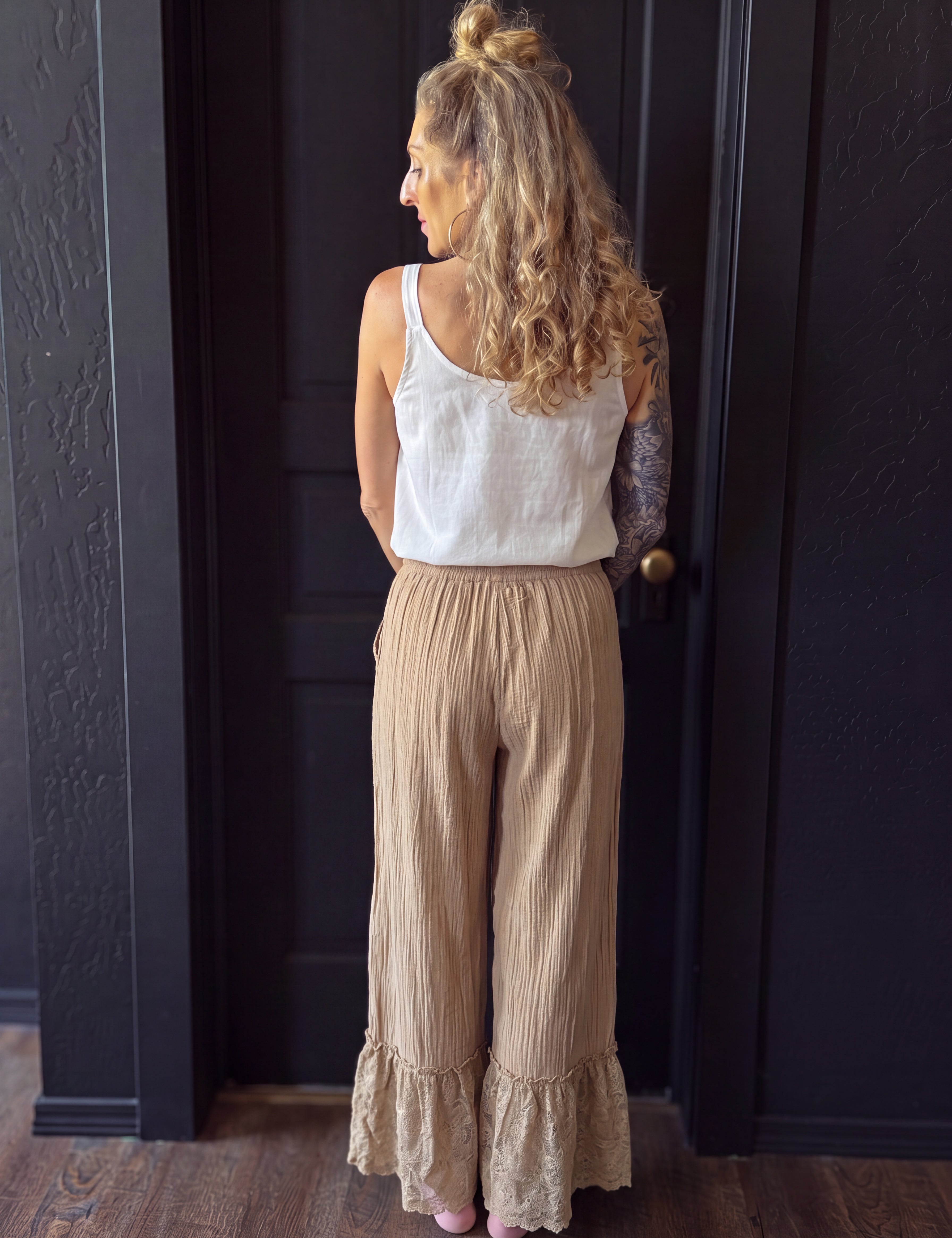 Willa Taupe Bloom Wide Leg Pants with Lace Trim
