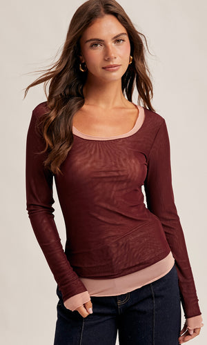 Malia Pink Double Layer Scoop Neck Mesh Top