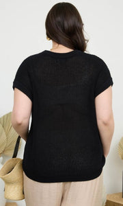 Emiko Black Plus Sheer Knit Crewneck Batwing Sweater Top