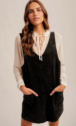 Naomi Black Snow Wash Corduroy Pinafore Dress