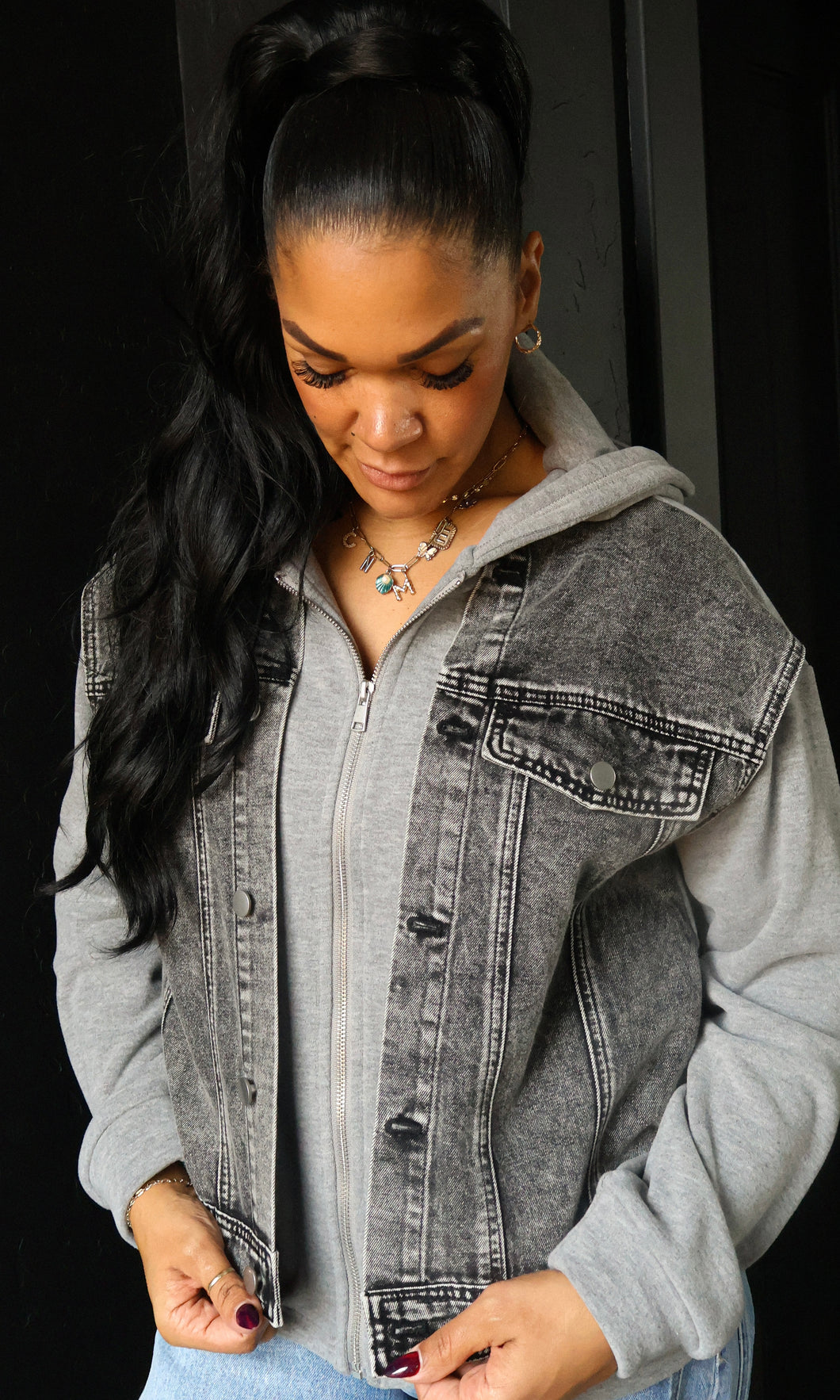 Martha Denim Contrast Twofer Hoodie Jacket