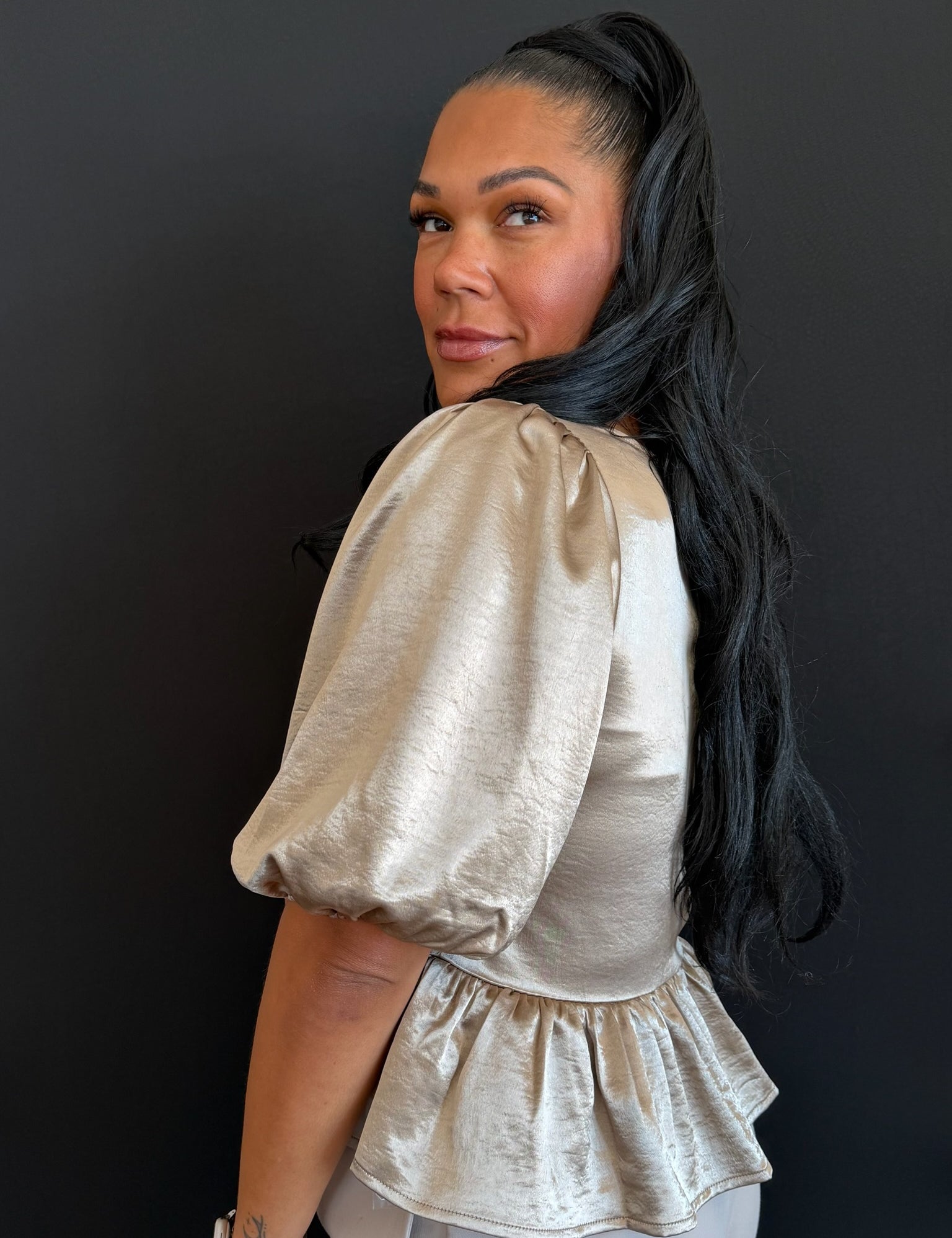 Kinsley Contrast Ribbon Peplum Satin Blouse