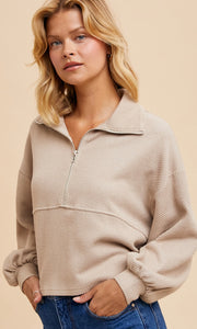 Asher Beige Cotton Thermal Cropped Half Zip Pullover