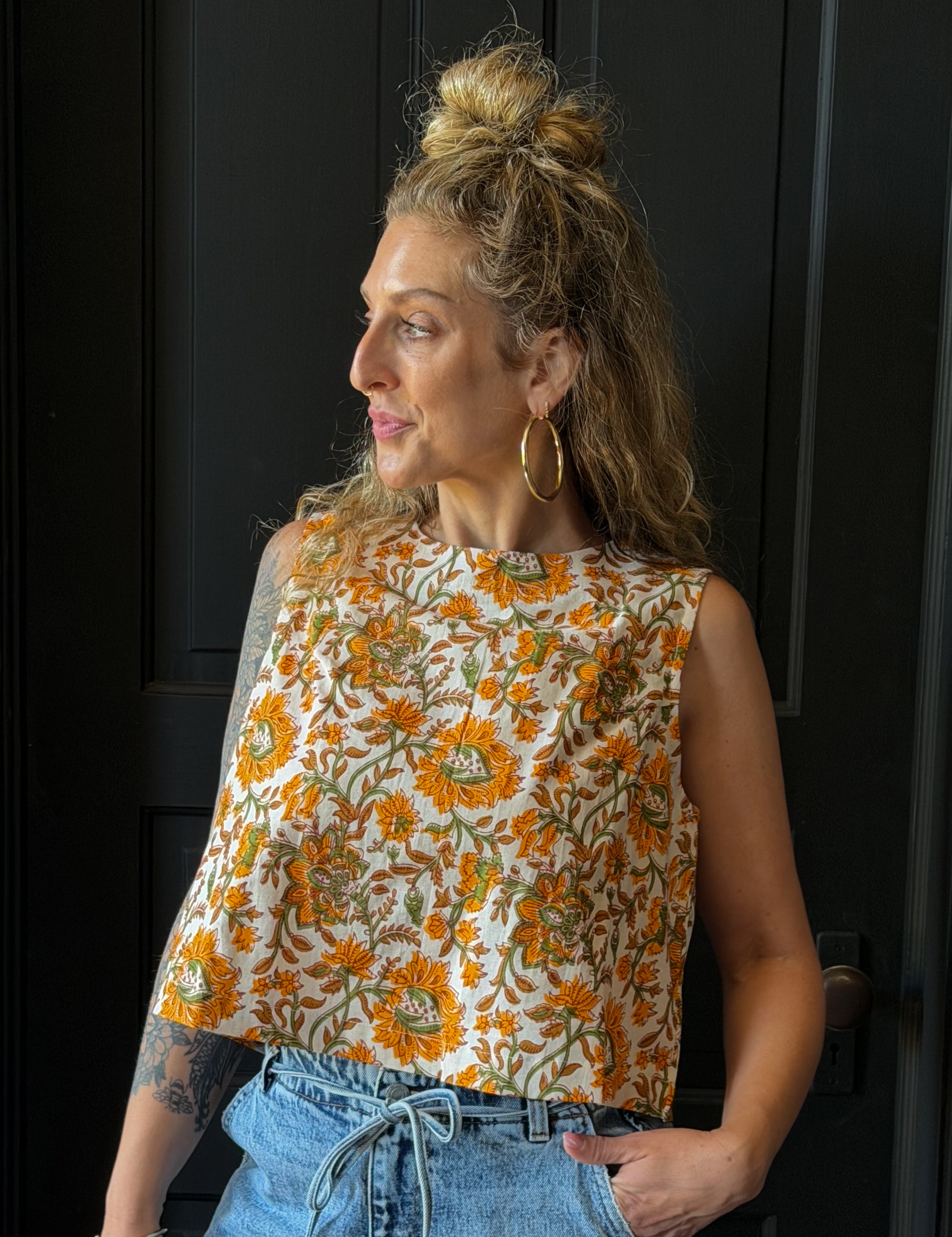 Levi Sleeveless Floral Print Top With Back Button Detail