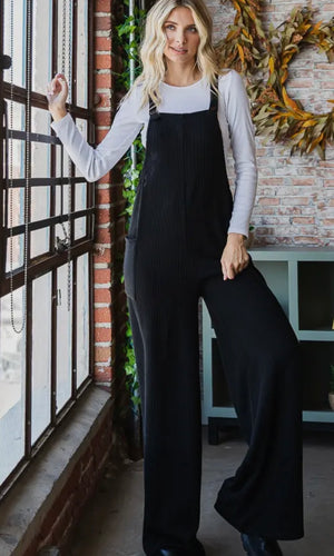Paislee Black Rib Knit Wide Leg Adjustable Strap Overall Jumpsuit