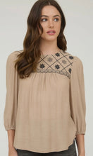 Lylah Taupe Floral Embroidered Yoke 3/4 Sleeve Blouse