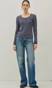 Ismael Charcoal Blue Stitched Thermal Henley Neck Top