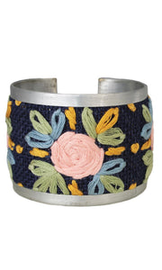 Bracelet Bazaar Navy Flower Cross Stitch Embroidered Cuff Bracelet