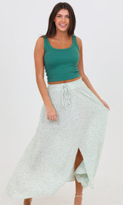 Caeli Sage Green A Line Maxi Skirt With Tie Waist And Front Slit