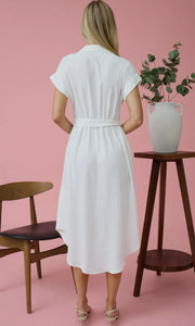 Gracie White Collared Button Down Belted Midi Dress