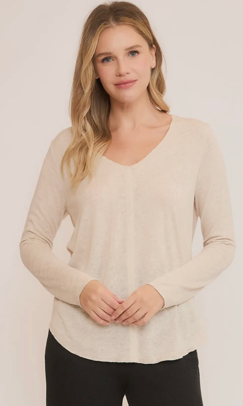 Everlee Natural Casual V-Neck Split Long Sleeve Blouse