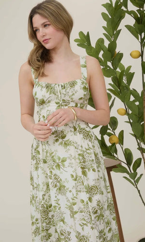 Leona  Rose Print Sleeveless Corset Detail Midi Dress