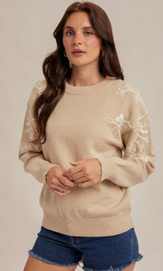 Mallory Taupe Embroidered Crew Neck Sweater Pullover