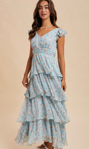 Akira Dusty Blue Tiered Chiffon Floral Maxi Dress