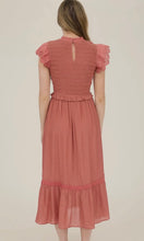 Louise Terracotta Smocked Eyelet Trim Ruffle Detail Midi Dress