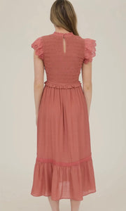 Louise Terracotta Smocked Eyelet Trim Ruffle Detail Midi Dress