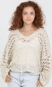 Cleta Ivory Open Knit V Neck Pullover Sweater