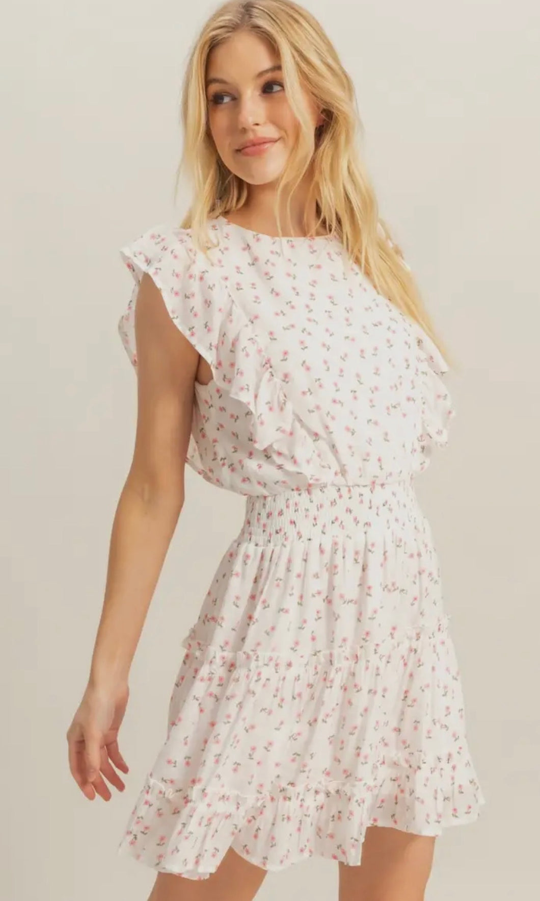Kayla White Ditsy Floral High Neck Mini Dress