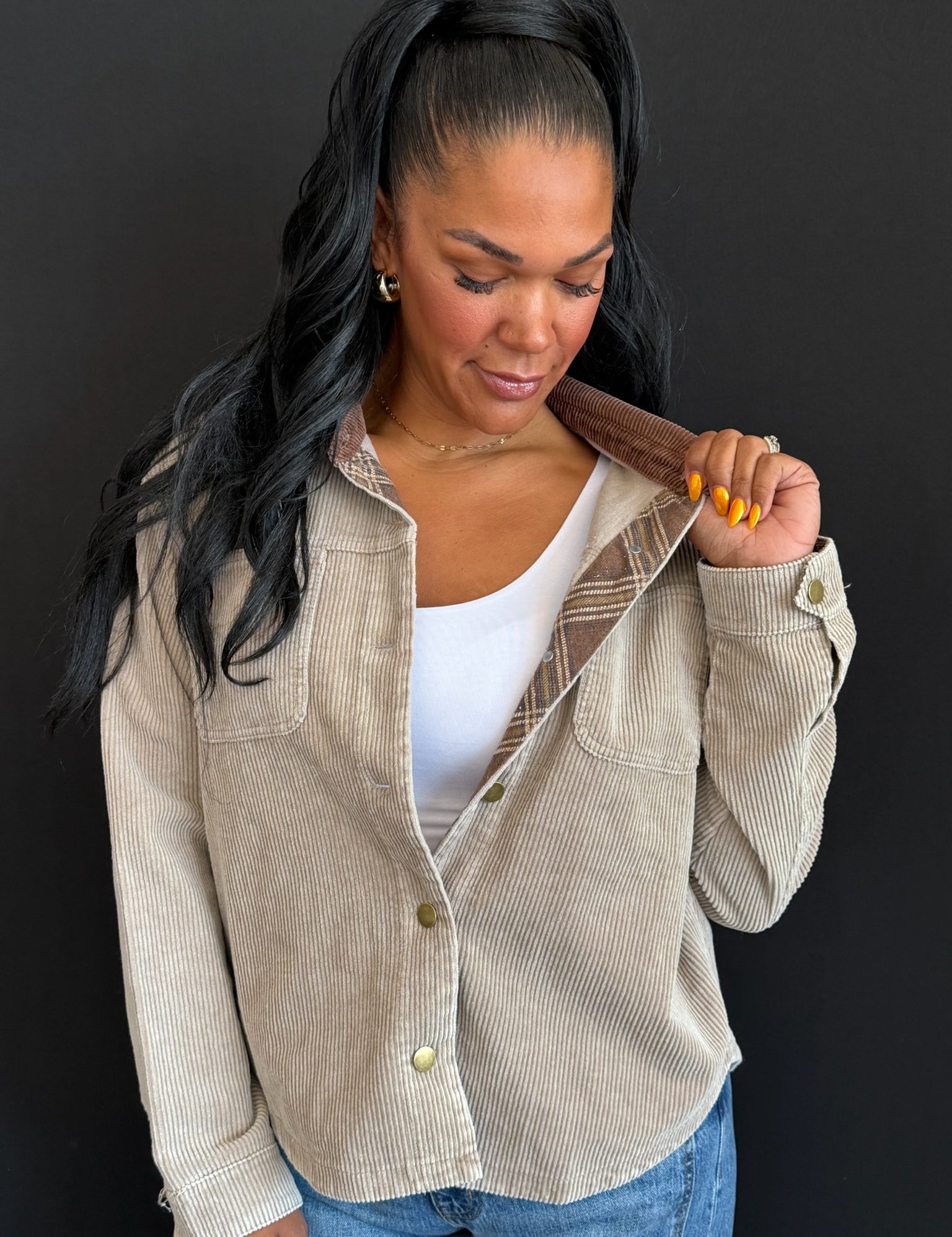 Bellamy Plaid Contrast Snow Wash Color Block Corduroy Shacket