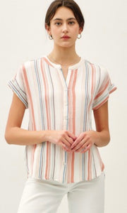 Glenroy Striped Gauzy Button Up Cap Sleeve Top