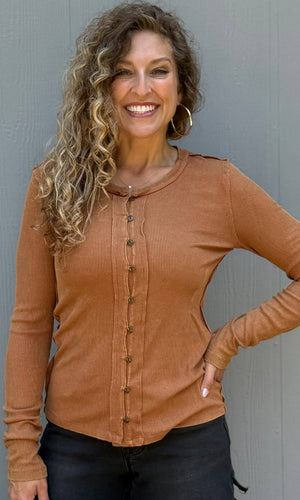 Marigold Tobacco Snow Wash Rib Button Down Long Sleeve Top