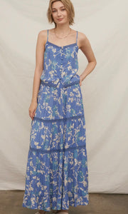 Kourtney Blue Floral Tiered Maxi Skirt with Sequin Detail