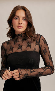 Megan Black Mock Neck Lace Long Sleeve