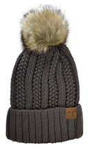 CC Beanie Thick Ribbed Knit Faux-Fur Pom Pom Lined Beanie