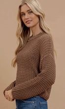 Hazlett Mocha Sheer Crew Neck Crochet Knit Sweater