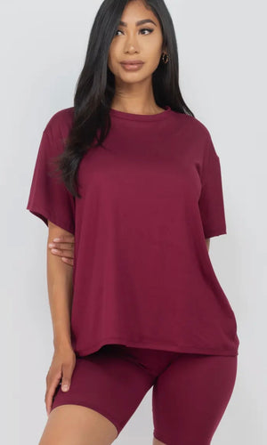 Harvey Burgundy Loose Fit Top & Bike Shorts Set