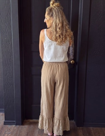 Willa Taupe Bloom Wide Leg Pants with Lace Trim