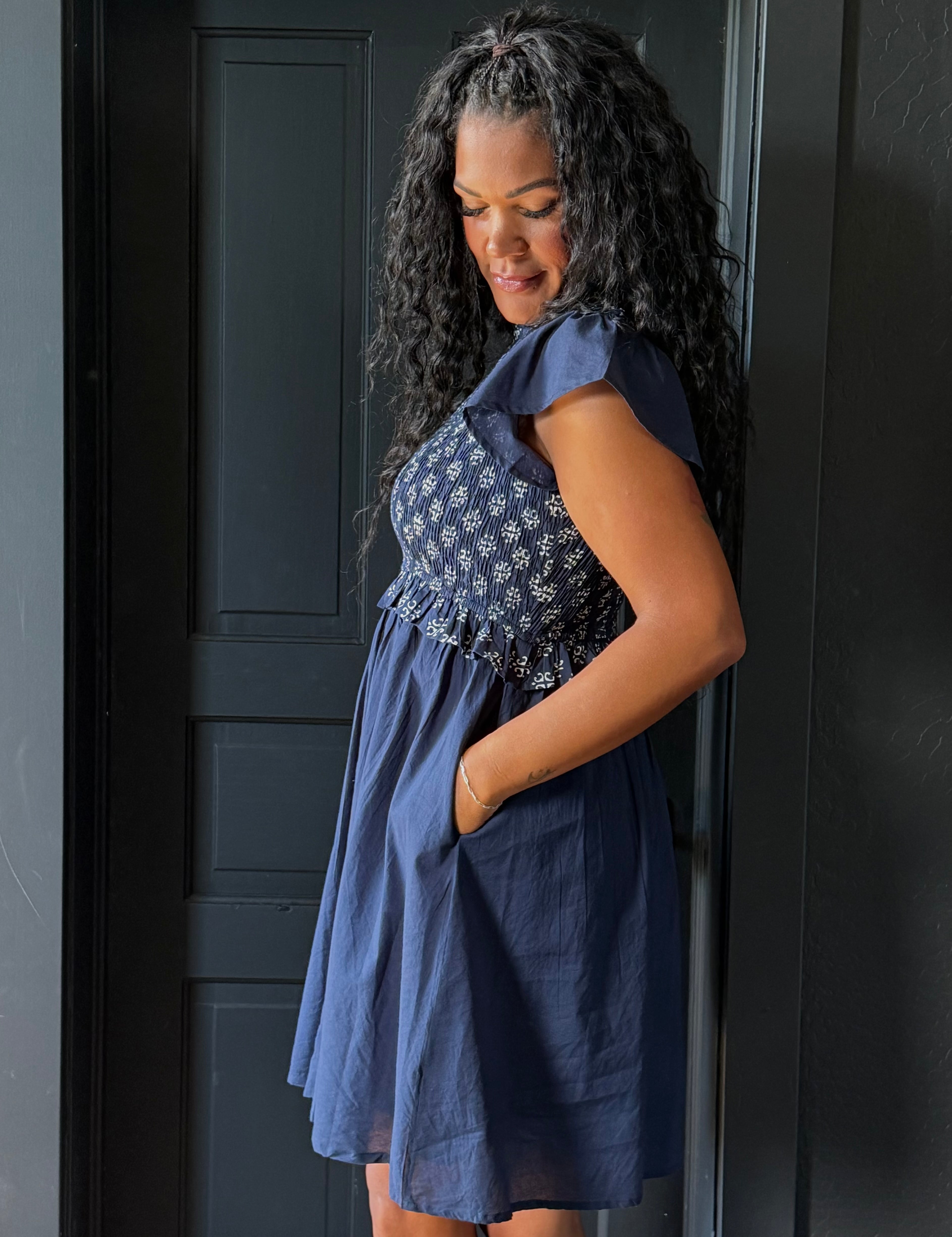 Sohana Navy Smocked Bodice Flutter Sleeve Mini Dress