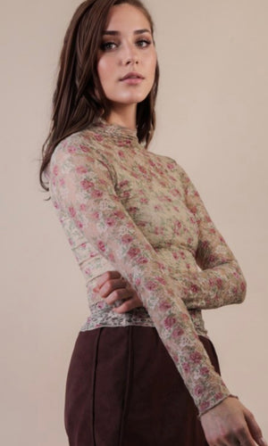Percy Beige Floral High Neck Fitted Sheer Mesh Lace Knit Top