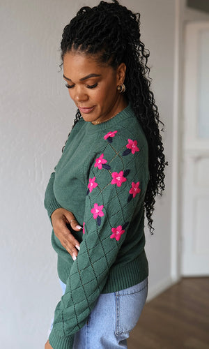McKenzie Green Floral Embroidered Crew Neck Sweater
